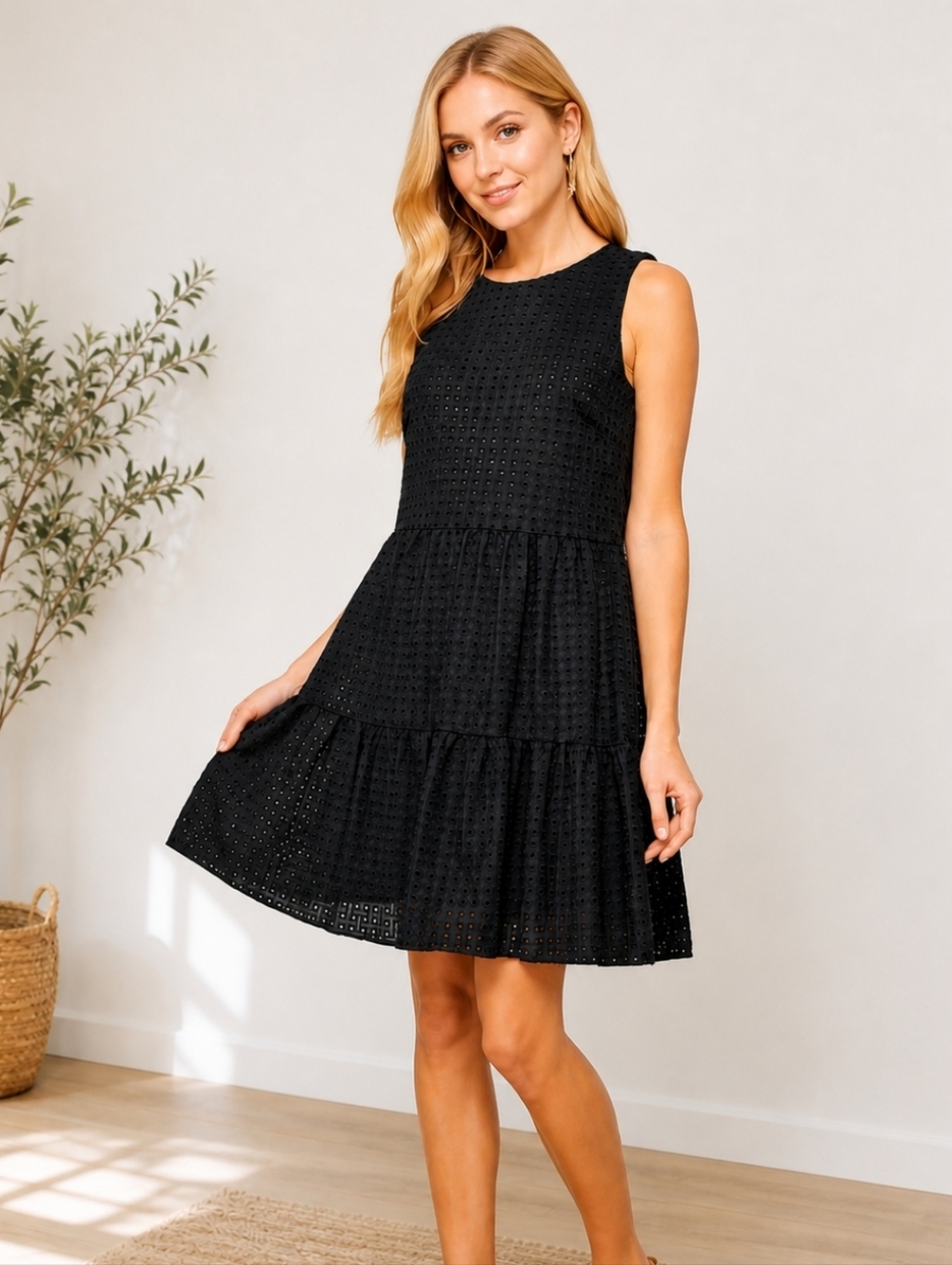 H&M Black Eyelet Tiered Cotton Mini Dress  Classic Chic M